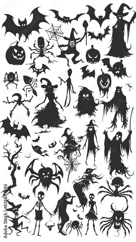 Big Set of halloween silhouettes black icon and character. Vector illustration. Isolated on white background Big Set of halloween silhouettes black icon and character. Vector illustration. Isolated on white background