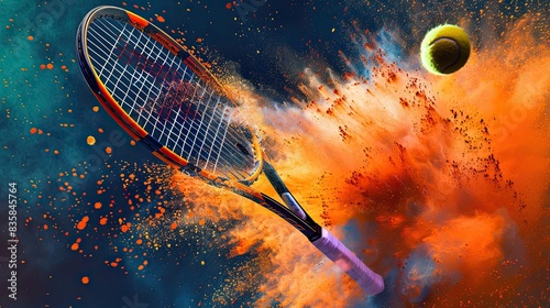 Tennis racket hitting a ball mid-air, orange powder bursting into a colorful cloud photo