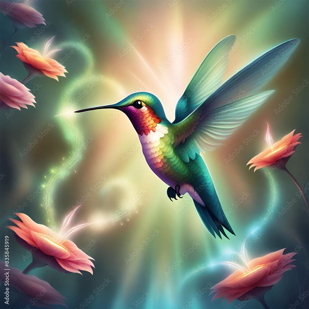 Fototapeta premium Hummingbird Healing Codes Spirit Guide Animal Spiritual Meaning Meditation Yoga Meditate Pretty Cute Dreamy Fantasy Flower Floral Fairy 444