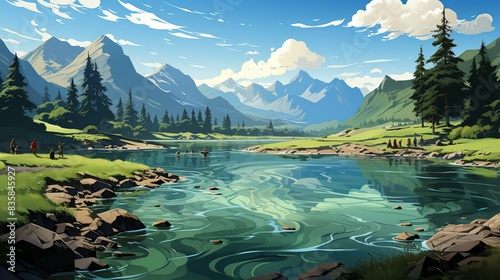 Parents teaching their children how to swim in a serene lake, with mountains in the background, blending family bonding with outdoor leisure. Painting Illustration style, Minimal and Simple, photo