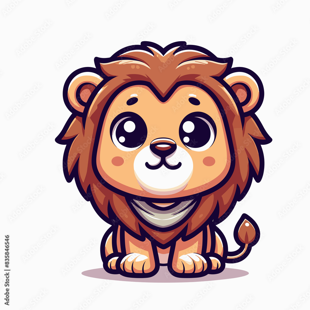 Cute cartoon lion with big eyes on a white background and an accessory on his neck Cute cartoon lion with big eyes on a white background and an accessory on his neck