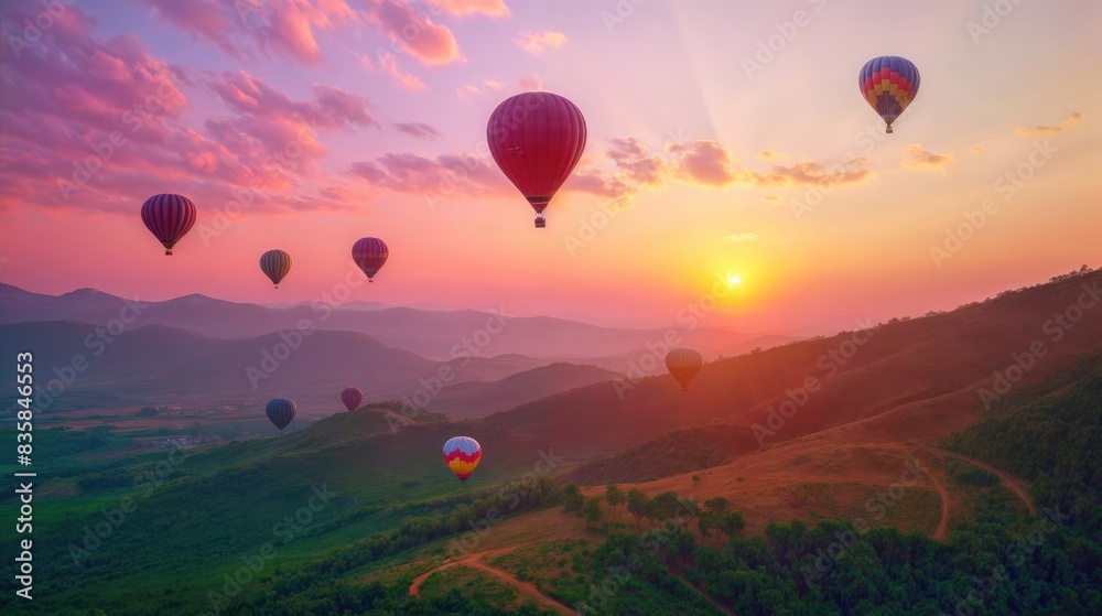 Fototapeta premium Hot air balloons floating in the sky at sunset, with pink and purple hues in the sky