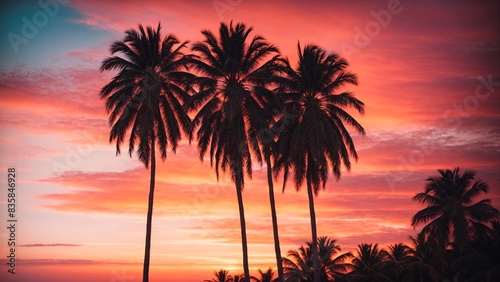 Silhouette of tropical palm trees against an orange sunset sky background.
