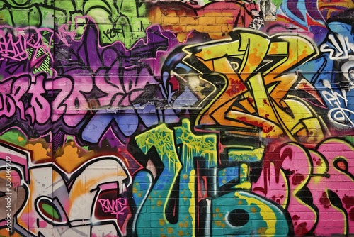 A vibrant graffiti wall, each piece of art sharp and detailed, showcasing a range of styles and colors that together create a dynamic urban tapestry. © anza