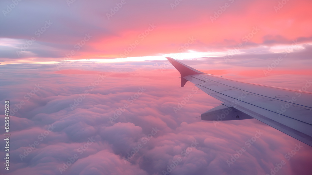 Obraz premium Adventure, travel, transport concept. View from plane window at sky with clouds and wing,Golden sunset sky with fluffy ornamental cumulus clouds, View of the wing of an airplane at sunset