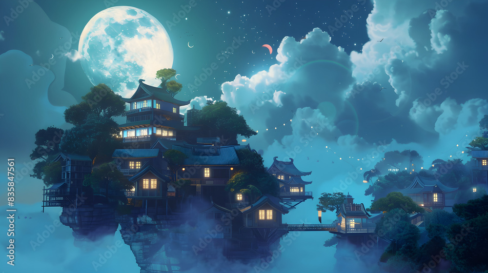 a quiet village floating in the air under the moonlight