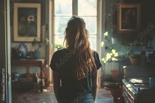woman standing with back turned in front of a door photo