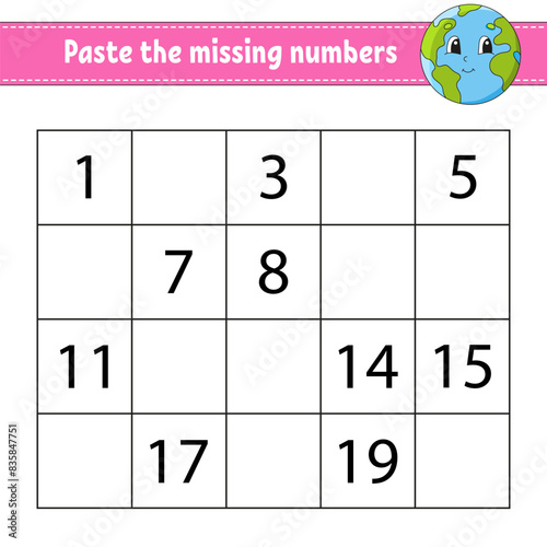 Paste the missing numbers 1-20. Game for children. Handwriting practice. Learning numbers for kids. Education developing worksheet. Activity page. Vector illustration.