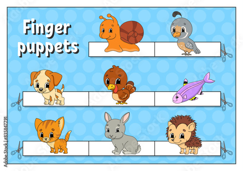 Finger puppets. Activities for kids. Cute cartoon characters. Vector illustration.