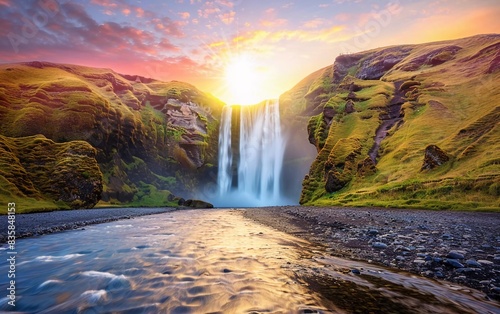 Majestic nature of Iceland. Impressively View on Skogafoss Waterfall with colorful sky glowing sunlight  during sunrise. Skogafoss the most famous is very beautiful