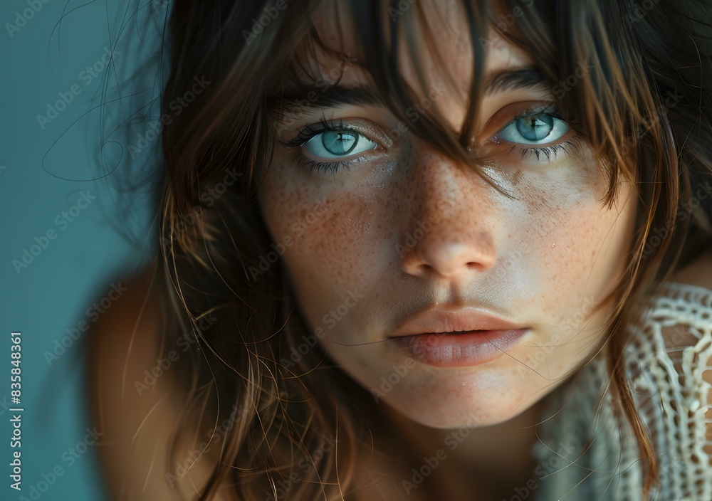 Close-up portrait of a young woman with freckles and blue eyes