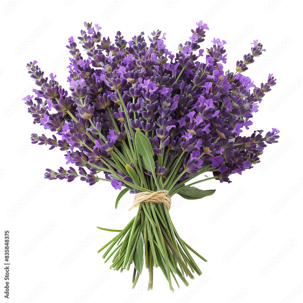 Fototapeta premium A beautiful bouquet of fresh lavender flowers tied with twine, perfect for aromatherapy, decoration, and gifts.