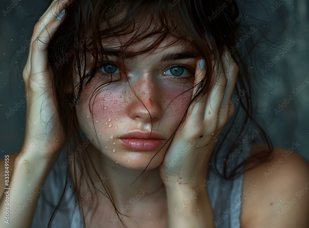 A close-up portrait of a young woman with wet hair and freckles on her face A close-up portrait of a young woman with wet hair and freckles on her face