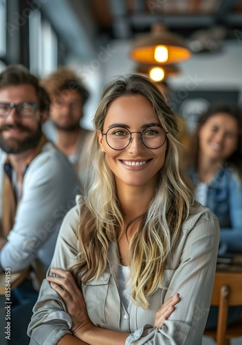 portrait of a young businesswoman smiling with her colleagues in the background