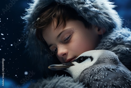 a little boy in a coat holding a penguin
