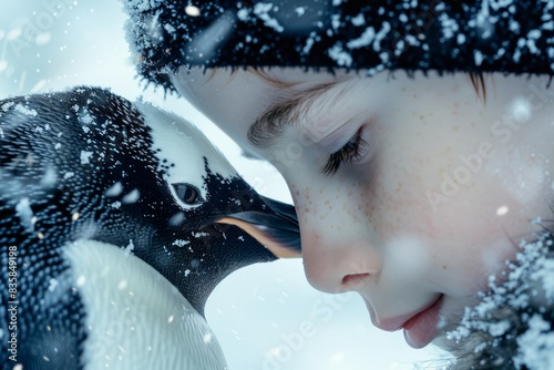 a young boy is touching the head of a penguin
 photo