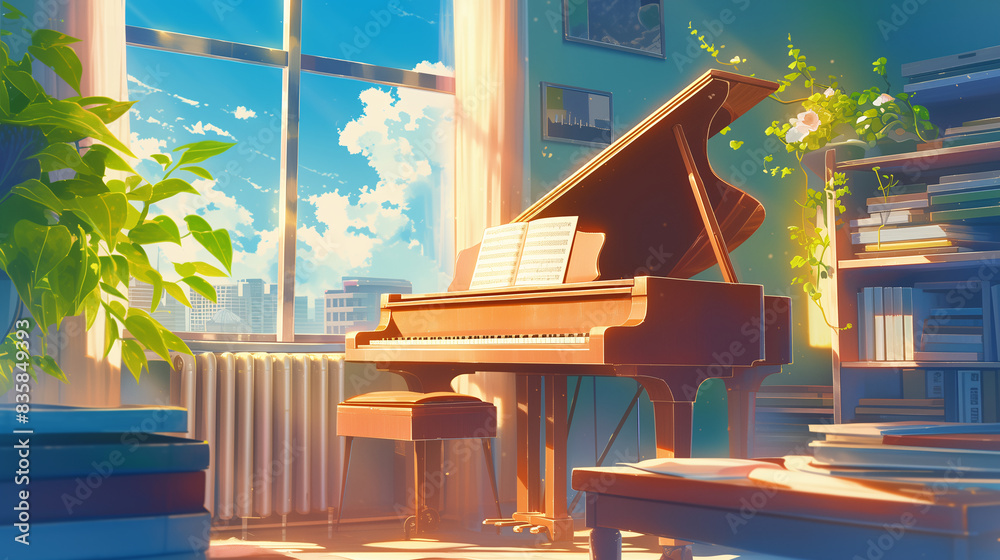 Naklejka premium A room with a piano. Anime style illustration