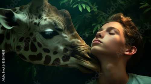 a boy is kissing a giraffe's head
 photo