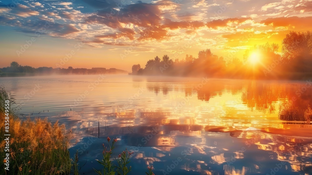 Sunrise casting its beauty over river with reflection on the water Sunrise casting its beauty over river with reflection on the water