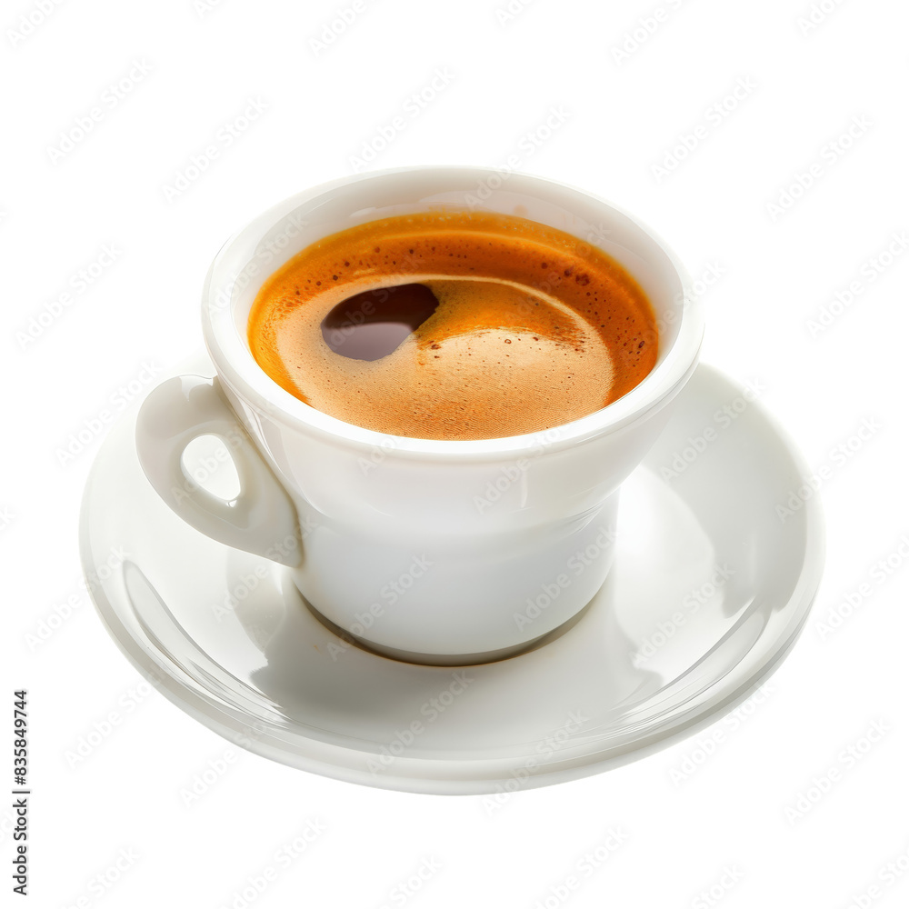 Close-up of a hot espresso coffee in a white cup and saucer, isolated on a white background, perfect for a fresh morning start or a caffeine boost Close-up of a hot espresso coffee in a white cup and saucer, isolated on a white background, perfect for a fresh morning start or a caffeine boost