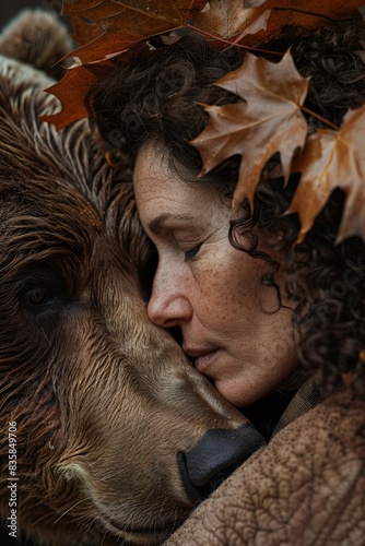 a woman is hugging a brown bear with leaves on it
 photo