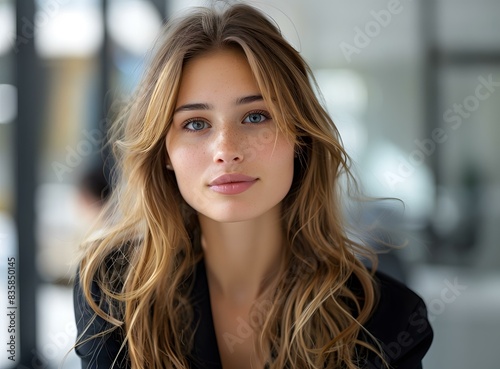 portrait of a beautiful young woman with long blond hair and blue eyes