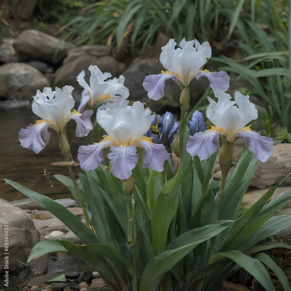 a many purple and white flowers growing near a stream a many purple and white flowers growing near a stream
