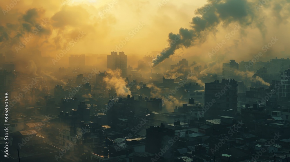 A city shrouded in smog at sunrise