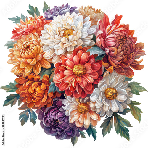 Vibrant bouquet of colorful flowers in full bloom, showcasing various shades and intricate petal details.
