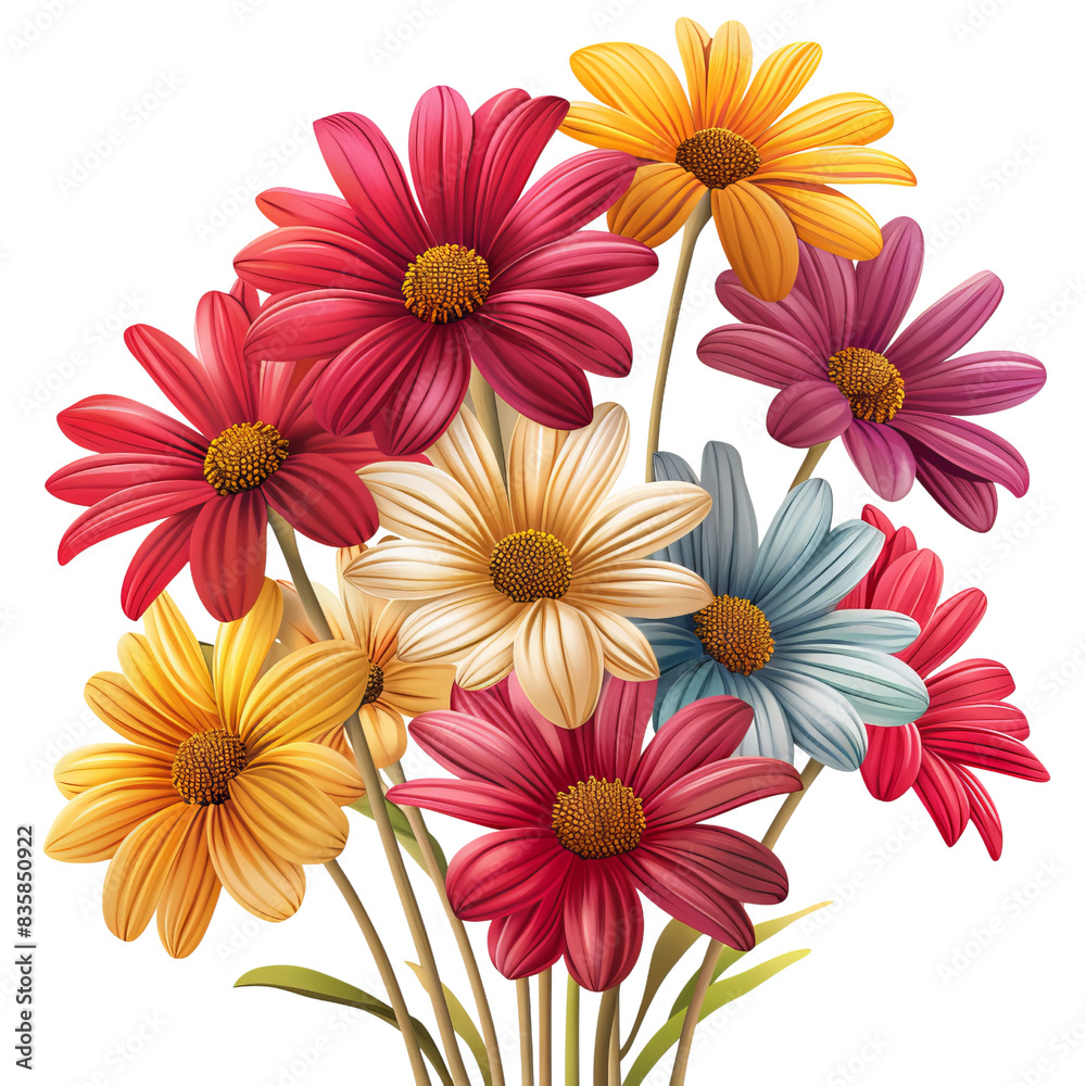 Vibrant bouquet of multicolored daisies displaying a charming blend of red, yellow, white, and blue hues, perfect for any floral arrangement. Vibrant bouquet of multicolored daisies displaying a charming blend of red, yellow, white, and blue hues, perfect for any floral arrangement.