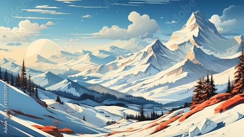Friends on a ski trip, hitting the slopes and enjoying the crisp mountain air and the exhilaration of winter sports. Painting Illustration style, Minimal and Simple, photo