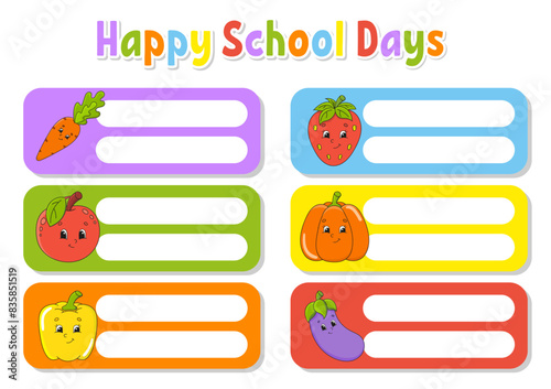 School labels for books and notebooks. Bright stickers. Rectangular label. Vector illustration.