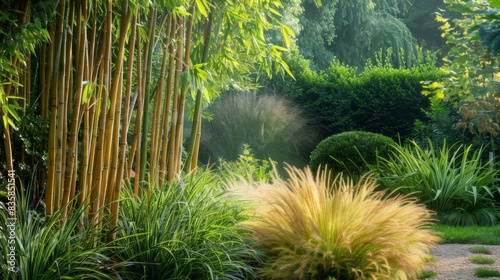 A picturesque garden filled with droughttolerant bamboo and ornamental grasses swaying gently in the breeze. photo