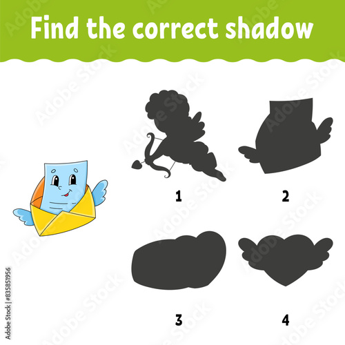 Find the correct shadow. Education developing worksheet. Matching game for kids. Activity page. Puzzle for children. cartoon character. Vector illustration.