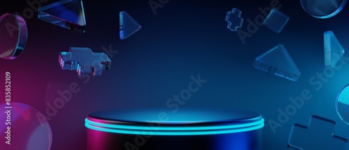 3d illustration rendering of gamer technology futuristic cyberpunk sci-fi display podium stand or stage, gaming scifi stage pedestal abstract  wallpaper background