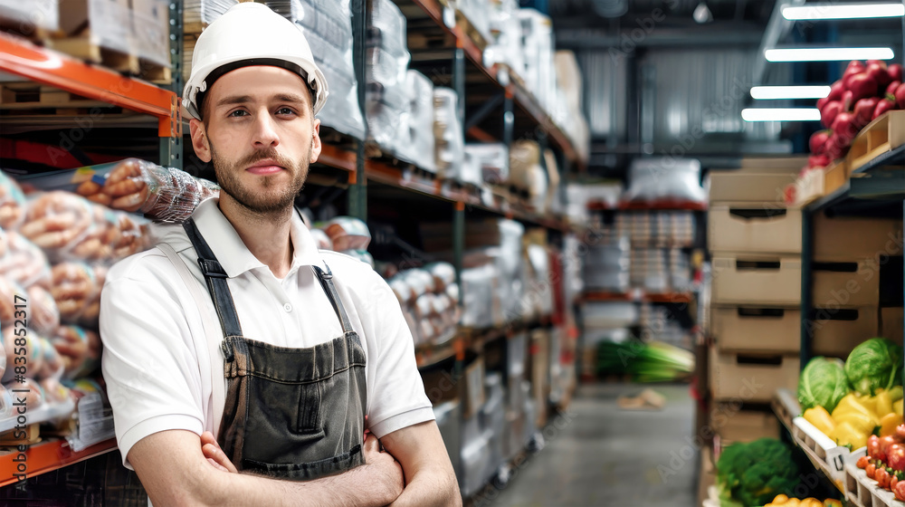 A man stands in a warehouse brimming with fresh produce, surrounded by vibrant fruits and vegetables A man stands in a warehouse brimming with fresh produce, surrounded by vibrant fruits and vegetables