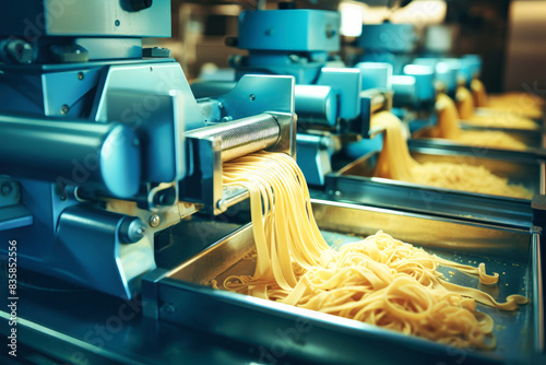 Pasta noodles being intricately shaped and cut by a mechanical machine on the production line at a bustling factory