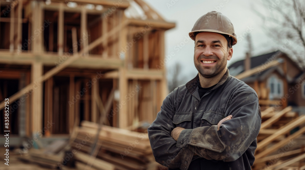 Portrait of a young carpenter with crossed arms against the background of a house under construction with a wooden frame. Smiling male construction worker standing on site outdoors. Portrait of a young carpenter with crossed arms against the background of a house under construction with a wooden frame. Smiling male construction worker standing on site outdoors.
