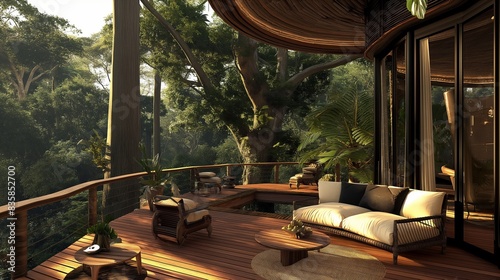 An elegant treehouse suite with a wraparound deck, luxurious furnishings, and a breathtaking view of the rainforest canopy.