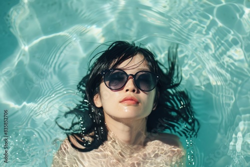 サングラスをかけてプールに浮かぶ美人な日本人女性（日焼け・プール・海・モデル）