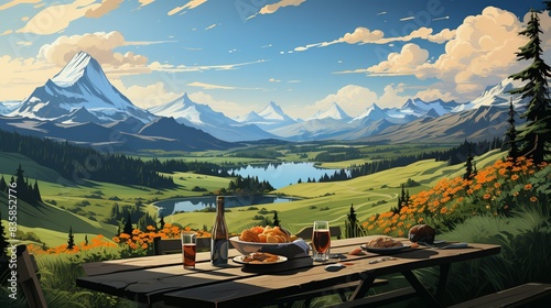 Friends having a picnic in a national park, with a spread of food and drinks and surrounded by breathtaking natural scenery. Painting Illustration style, Minimal and Simple,