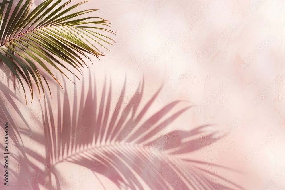 shadow from palm leaves on the light pink wall. Minimal abstract background for product presentation. Spring and summer shadow from palm leaves on the light pink wall. Minimal abstract background for product presentation. Spring and summer