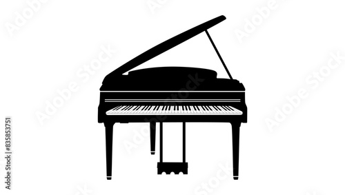 Piano front view, black isolated silhouette