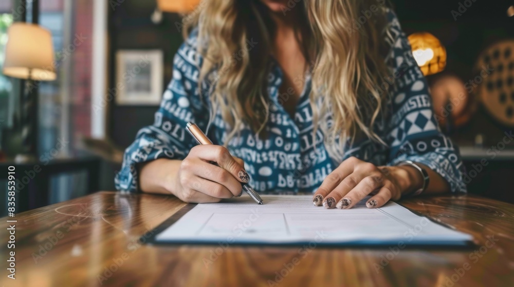 Fototapeta premium Successful Businesswoman Signing Contract - Business, Work, Contract, Agreement, Success, Leadership, 4K Wallpaper. A confident businesswoman signs a contract, signifying a successful business deal an
