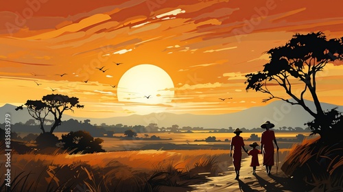 A family visiting a cultural festival, experiencing diverse traditions and foods, and enjoying the richness of travel and cultural education. Painting Illustration style, Minimal and Simple,