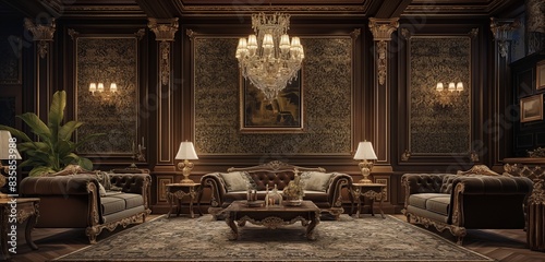 An opulent living room with a grand chandelier, dark wood furniture, plush velvet sofas, and intricate patterned wallpaper creating a luxurious ambiance. photo