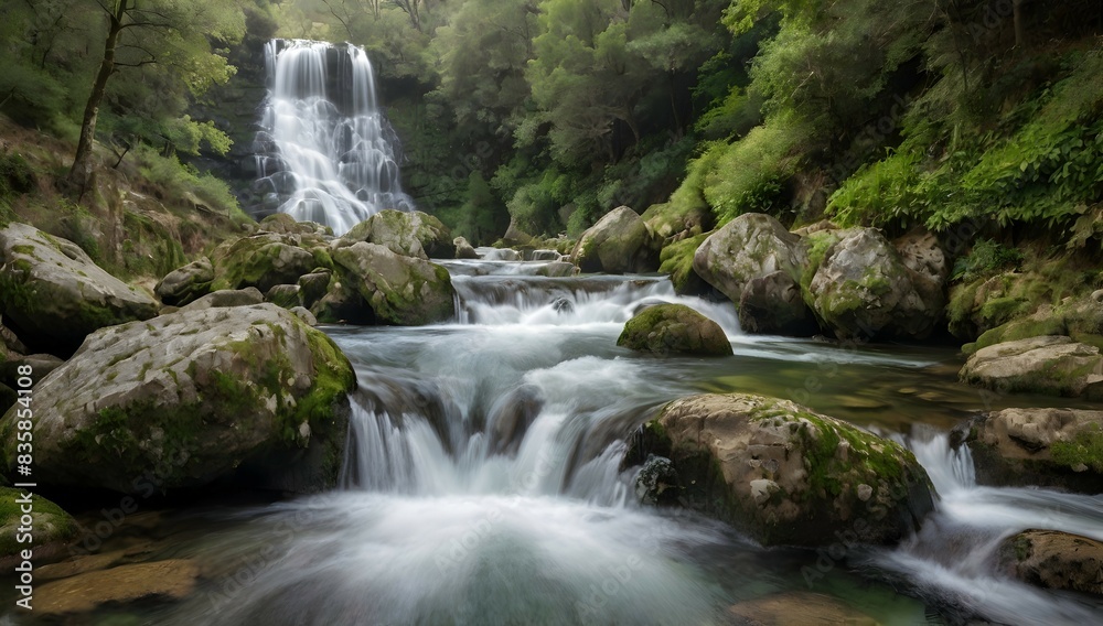 Beautiful waterfalls formed by a river in the area of Galicia, Spain.