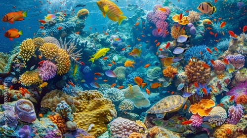 A colorful coral reef teeming with marine life including reef fish eels and sea turtles.