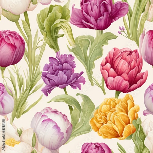 A beautiful floral pattern with watercolor tulips in pink, purple, and yellow. The tulips are arranged in a repeating pattern on a light cream background. photo