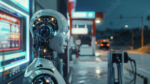 A robot is standing in a grocery store aisle, surrounded by people. The robot has a human-like face and is looking at the camera. The scene is set in a busy store with people shopping